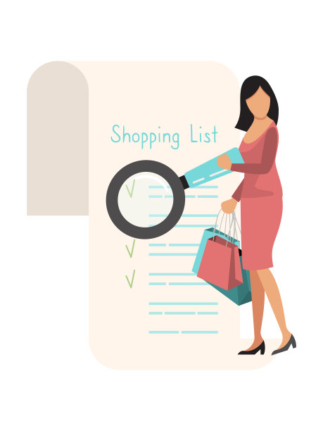 女人与购物清单和纸袋矢量插图。拿着放大镜和包站在检查单前的女孩角色图片下载