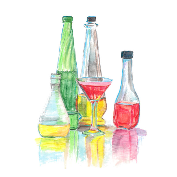 玻璃彩色瓶和玻璃静物画手绘水彩和水彩铅笔素描图片下载