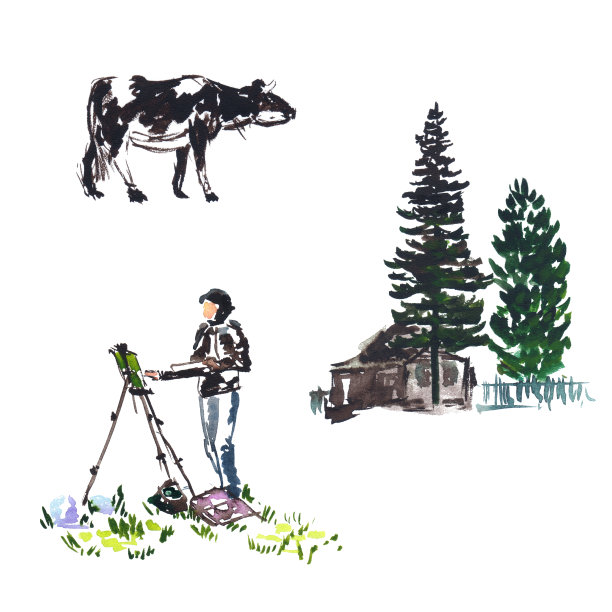水彩画描绘了一头奶牛，一个艺术家和一个有树的村庄房子素材图片