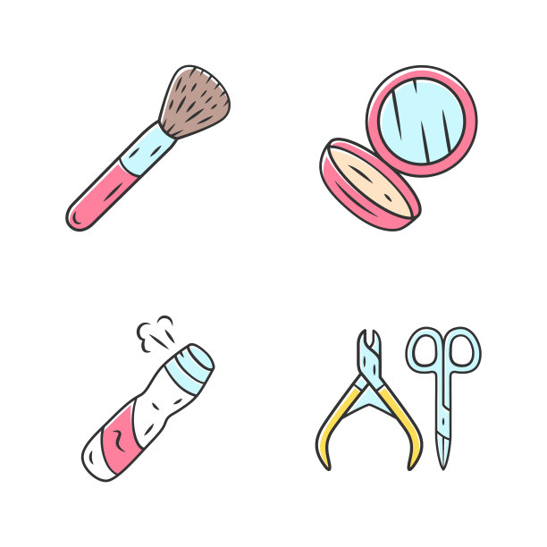 皮肤护理配件颜色图标集。化妆属性，女性卫生。美容院产品孤立矢量插图。化妆刷，小镜子，身体喷雾，指甲剪，镊子图片下载
