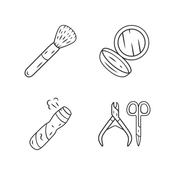 皮肤护理配件线性图标集。女性化妆属性细线轮廓符号。美容院产品孤立矢量大纲插图。可编辑的中风。化妆刷，身体喷雾图片下载