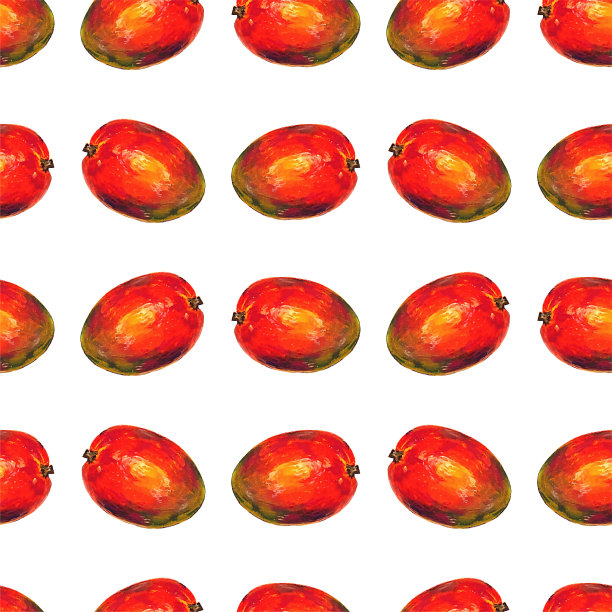 热带无缝模式与明亮的新鲜芒果在白色的背景。热带水果。油彩手绘插图。图片下载