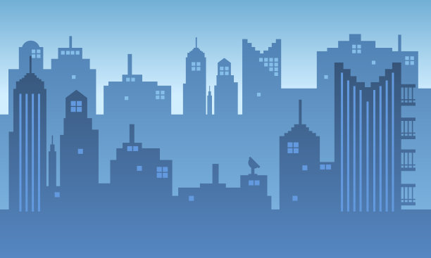 蓝天背景与建筑和屋顶的城市剪影。图片下载