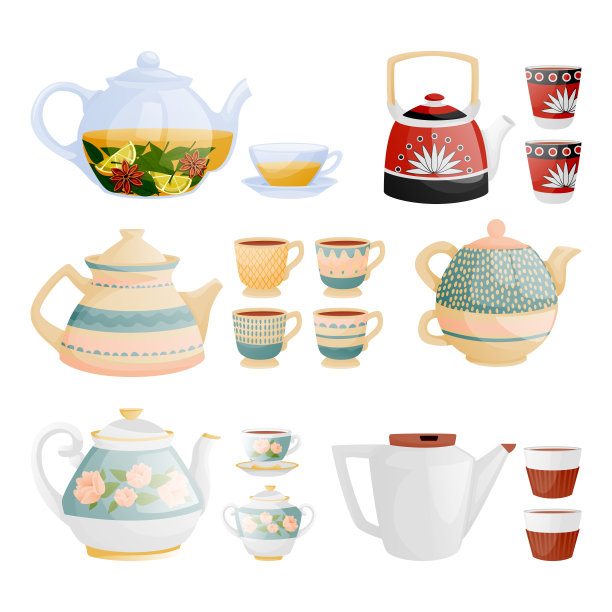 茶壶、茶杯矢量插图。陶瓷，玻璃，瓷器器具图标集。厨具孤立的设计元素图片下载