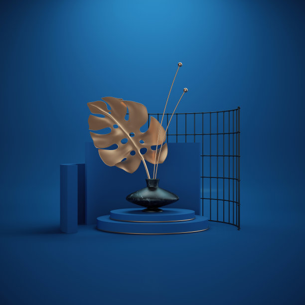 3 d渲染。抽象的最小的背景。金色的怪兽，黑色大理石花瓶中的棕榈叶，内部模拟，橱窗，原始形状，艺术装饰商店展示。2020年经典蓝色图片下载