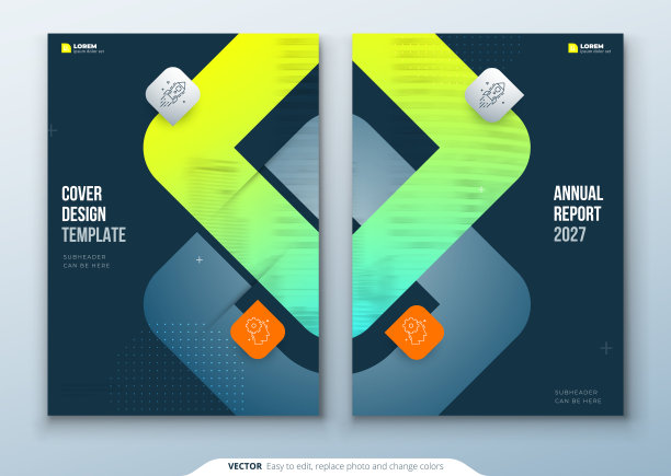 深绿色宣传册设计。A4封面模板的小册子，报告，目录，杂志。宣传册布局与明亮的颜色形状和抽象照片的背景。现代宣传册的概念素材图片