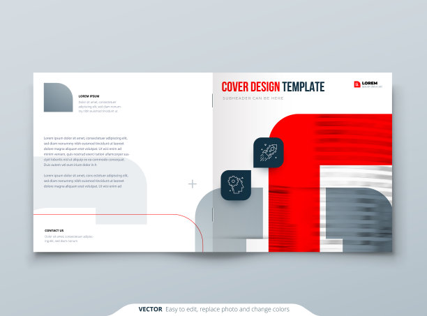 Suare Red宣传册设计。A4封面模板的小册子，报告，目录，杂志。宣传册布局与明亮的颜色Suare形状和抽象照片的背景。现代宣传册的概念图片下载
