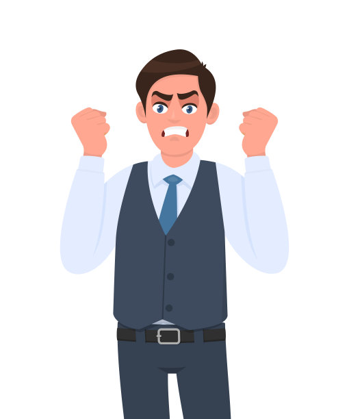 沮丧，愤怒的年轻商人举起他的手拳头大叫/尖叫。疯狂、消极、糟糕的面部表情。男性角色设计插画。人的情感概念在矢量卡通风格。图片下载