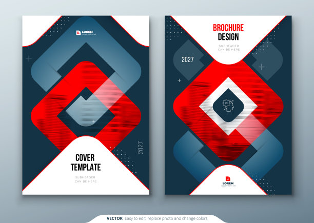 暗红色宣传册设计。A4封面模板的小册子，报告，目录，杂志。宣传册布局与明亮的颜色形状和抽象照片的背景。现代宣传册的概念图片下载