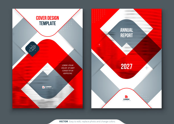 红色年报设计。A4封面模板的小册子，报告，目录，杂志。布局与明亮的颜色形状和抽象照片的背景。现代年报概念图片下载