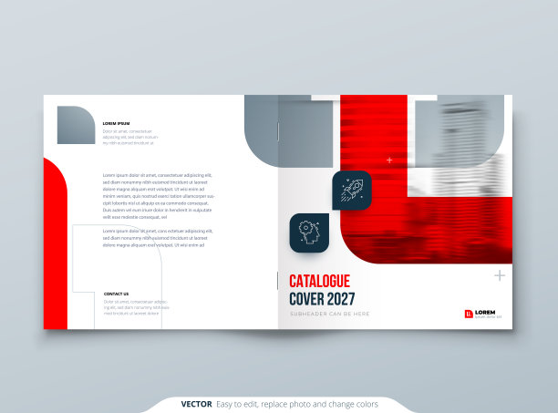 Suare Red宣传册设计。A4封面模板的小册子，报告，目录，杂志。宣传册布局与明亮的颜色Suare形状和抽象照片的背景。现代宣传册的概念图片下载
