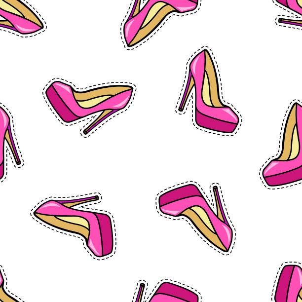 可爱的现代少女无缝彩色女鞋图案贴纸。卡通贴纸和补丁的背景。图片下载