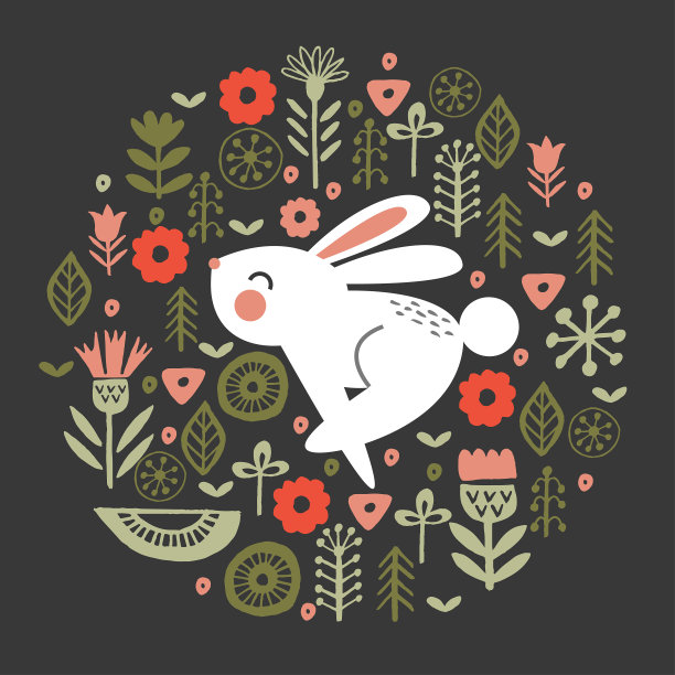 滑稽的白色兔子在一个圆形的花卉图案。矢量插图在黑暗的背景。图片下载