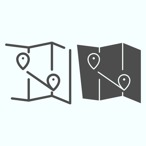 地图线和实体图标。Atlas与两个指针矢量插图孤立在白色。世界地图与标志轮廓风格设计，设计为网页和应用程序。Eps 10。图片下载