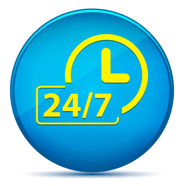 24/7时钟图标现代平青蓝圆形按钮图片下载