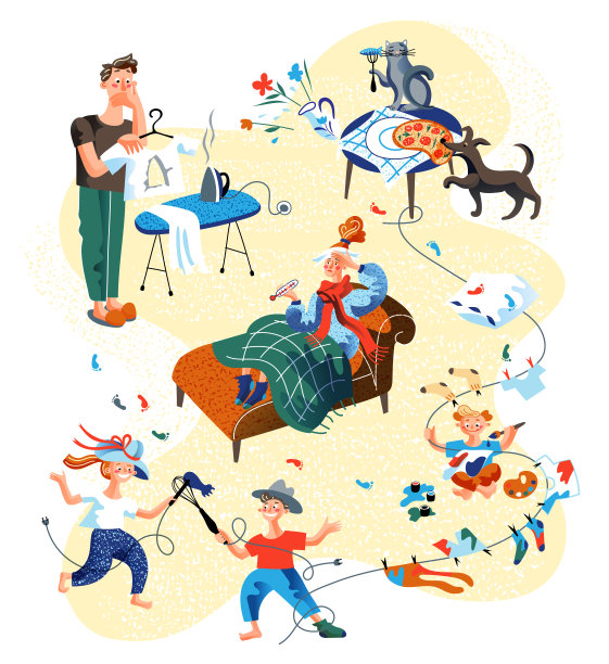 生病的妻子和疲惫的丈夫矢量场景设置图片下载