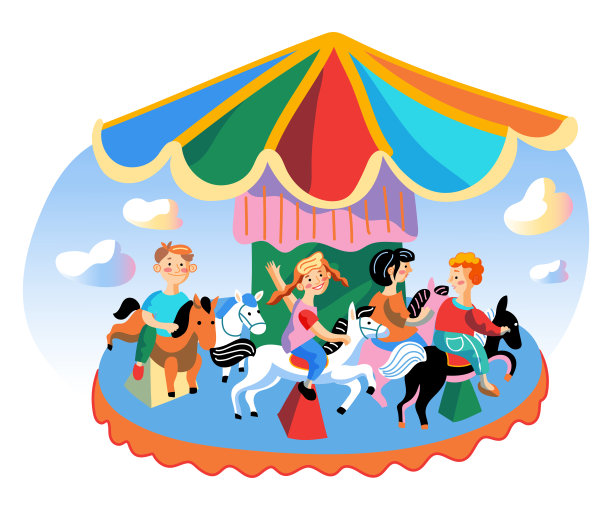 儿童骑旋转木马平面矢量插图图片下载