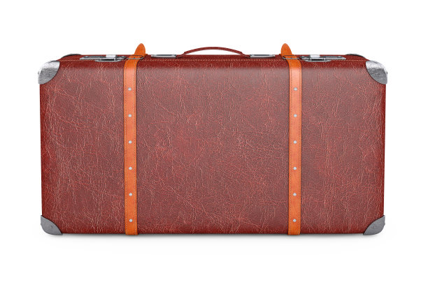 复古皮革棕色旧手提箱与金属角和皮带。3d渲染图片下载