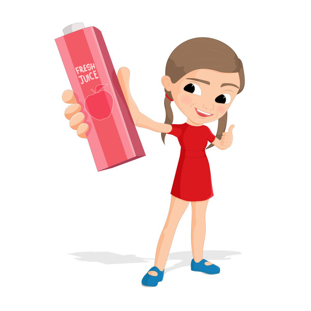 一个女孩拿着一个在白色背景上有果汁的罐子的插图图片下载