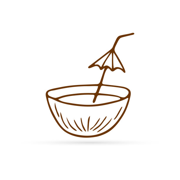 椰子图标孤立在白色，孩子手绘艺术线，轮廓夏季饮料符号，速写食物矢量股票插图图片下载