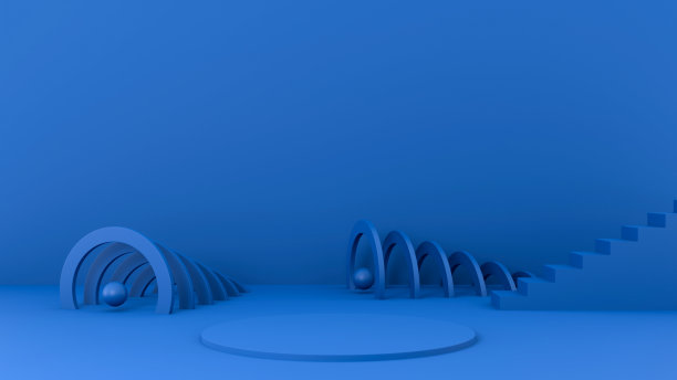 未来主义简约背景，时尚经典的蓝色，空工作室，3d渲染。动态几何形状、球、楼梯、展示平台。抽象的平面设计元素，模型。图片下载