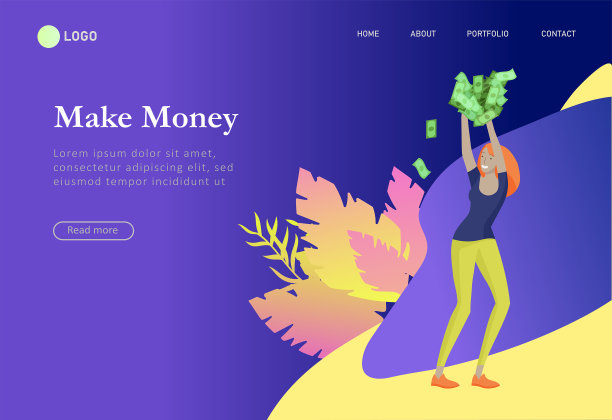 快乐的人有钱，人物在动赚钱。21、商业投资，金钱如雨，男人女人逐利，抓钞票。卡通风格，平面矢量图片下载