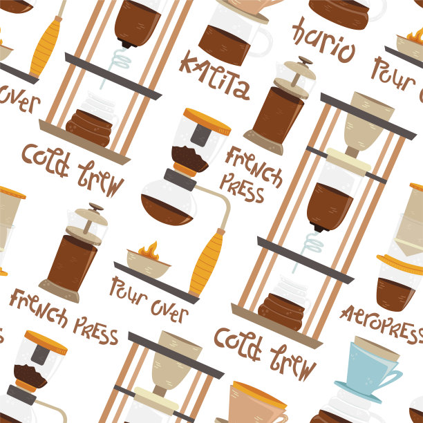 无缝模式的替代酿造方法。咖啡文化。空气压机，哈里奥，倒，间歇泉咖啡机，冷煮，法式压机，卡利塔，过滤咖啡机，咖啡机。图片下载