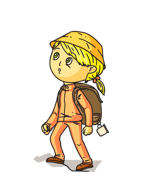 卡通女孩徒步旅行者与背包在白色图片下载