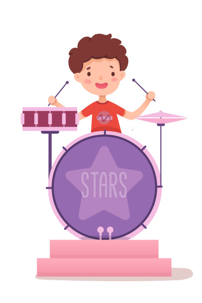 男孩鼓手平面矢量插图。有才华的年轻音乐家拿着鼓槌的卡通人物。流行摇滚音乐会，音乐表演，现场舞台表演。乐队成员，快乐的打鼓的孩子。图片下载