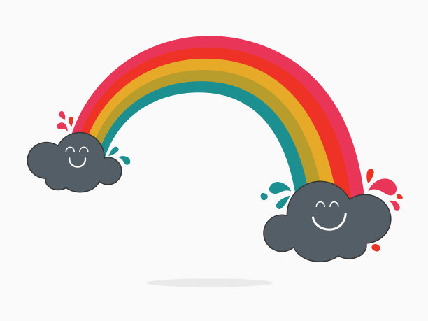 孤立可爱的灰色云与彩色彩虹元素的背景，旗帜，标签，卡片，封面，纹理，包装纸等平面矢量设计。图片下载
