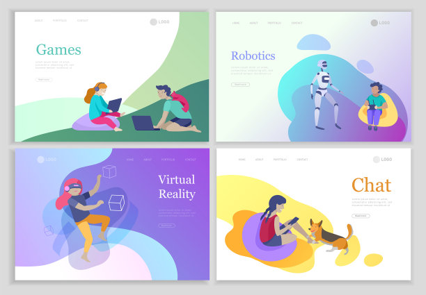 一套登陆页面，快乐学校的孩子们进行各种活动或爱好，在电脑或主机上玩游戏，编程，发射无人机，佩戴VR图片下载