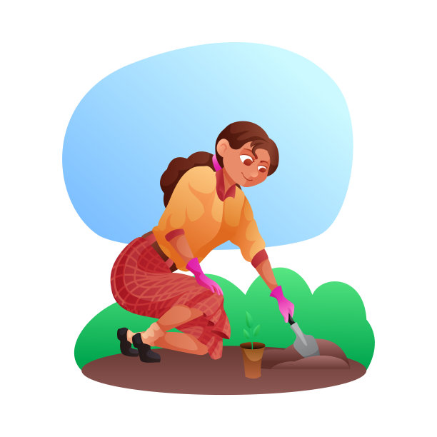 微笑的年轻女子在花园里种花素材图片