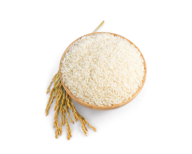 白米(泰国茉莉花米)在木碗和未碾碎的米孤立在白色的背景上，俯视图图片下载