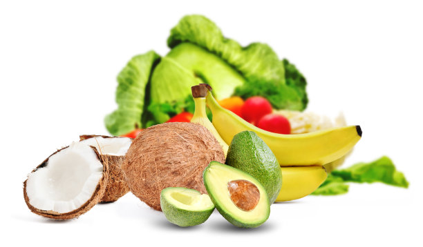 新鲜的素食，蔬菜和水果在白色的背景图片下载