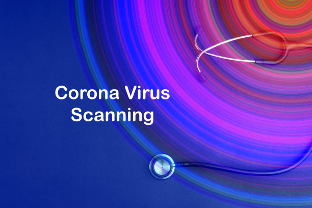 单词冠状病毒扫描在蓝色背景图片下载