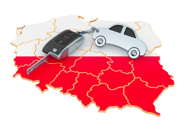 出售或租赁汽车在波兰的概念，3D渲染孤立的白色背景图片下载