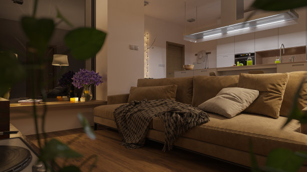 在一个柔和照明的开放式客厅的窗户旁的沙发在晚上图片下载