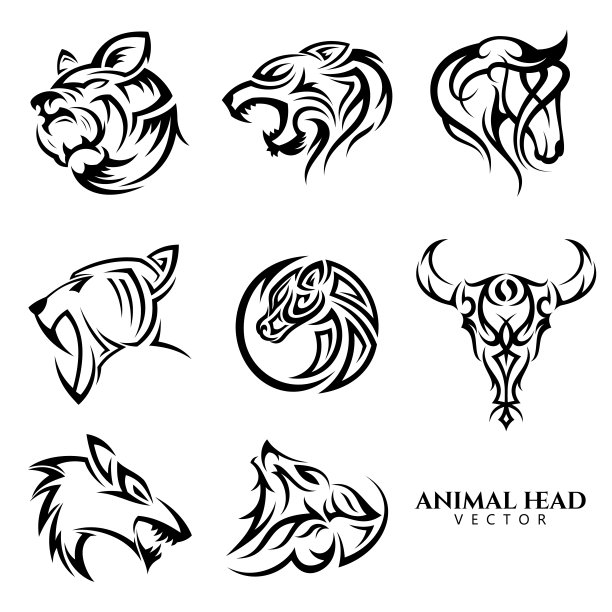 一组部落动物头矢量图标符号的元素设计在白色的背景图片下载