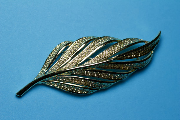 复古的金色树叶胸针在蓝色的背景图片下载