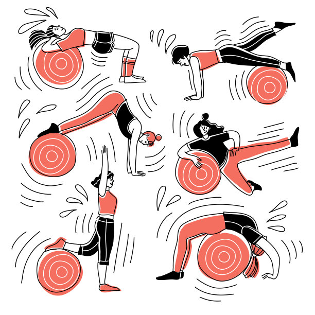 普拉提练习。女孩矢量人物训练球。健康健身的概念。图片下载