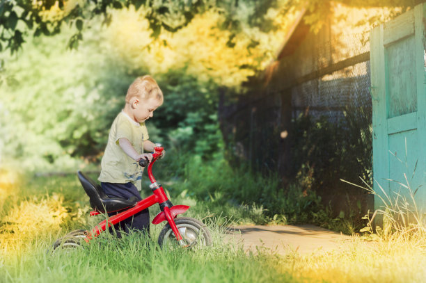 小男孩骑着三轮自行车在小路上，乡下，夏天，图片图片下载