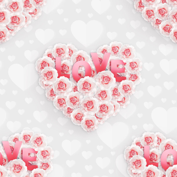 无缝图案豪华的白玫瑰和粉红色的心形，文字爱情。设计插图情人节或妇女节贺卡，邀请，墙纸，包装纸素材图片