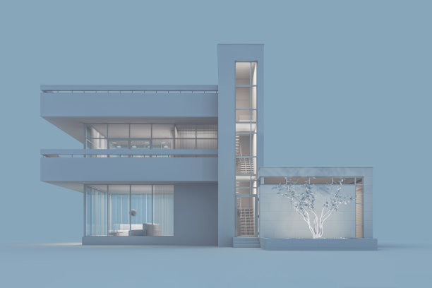 该项目采用白色材料，采用夜间照明和窗户采光。3 d演示。3 d渲染。股票插图。图片下载