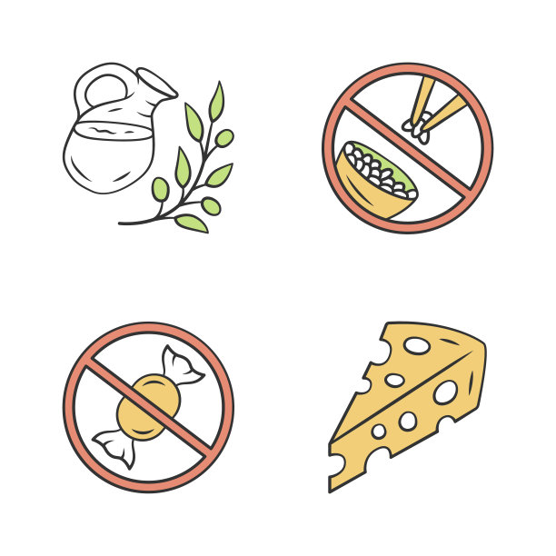 无糖有机产品颜色图标设置。健康饮食。无葡萄糖和低碳水化合物生酮饮食。天然新鲜饮料罐，瑞士奶酪隔离病媒插图图片下载