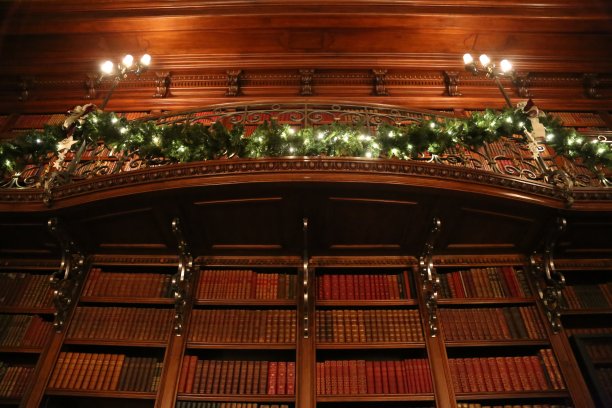 图书馆的栏杆上缠着绿色的花环图片下载