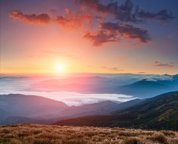 五颜六色的日出景观在山上。被森林覆盖的雾山。唤醒野生动物的概念。图片下载