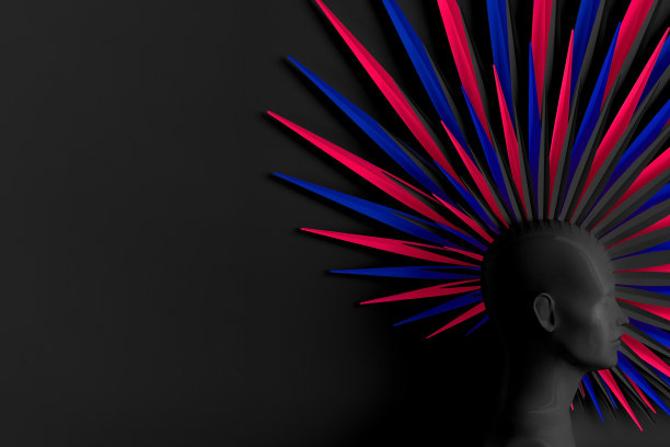 创造性的黑色背景与三维头部的年轻女子在侧面与程式化的莫霍克发型。三维演示图片下载