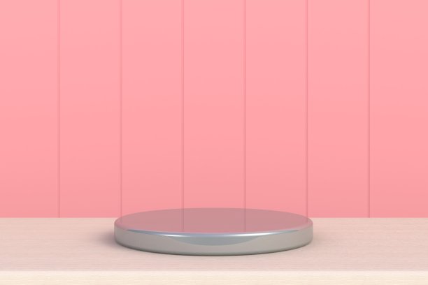 圆形银色舞台讲台概念插图孤立在粉红色的背景。讲台上为颁奖典礼现场摆上喜庆的桌子。产品介绍的银底座。三维渲染图片下载