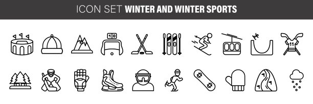 冬季和冬季运动。概述运动员受欢迎的运动。线艺术运动图标设置。图片下载