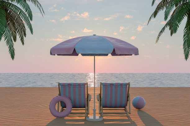 夏季概念与沙滩椅和雨伞图片下载